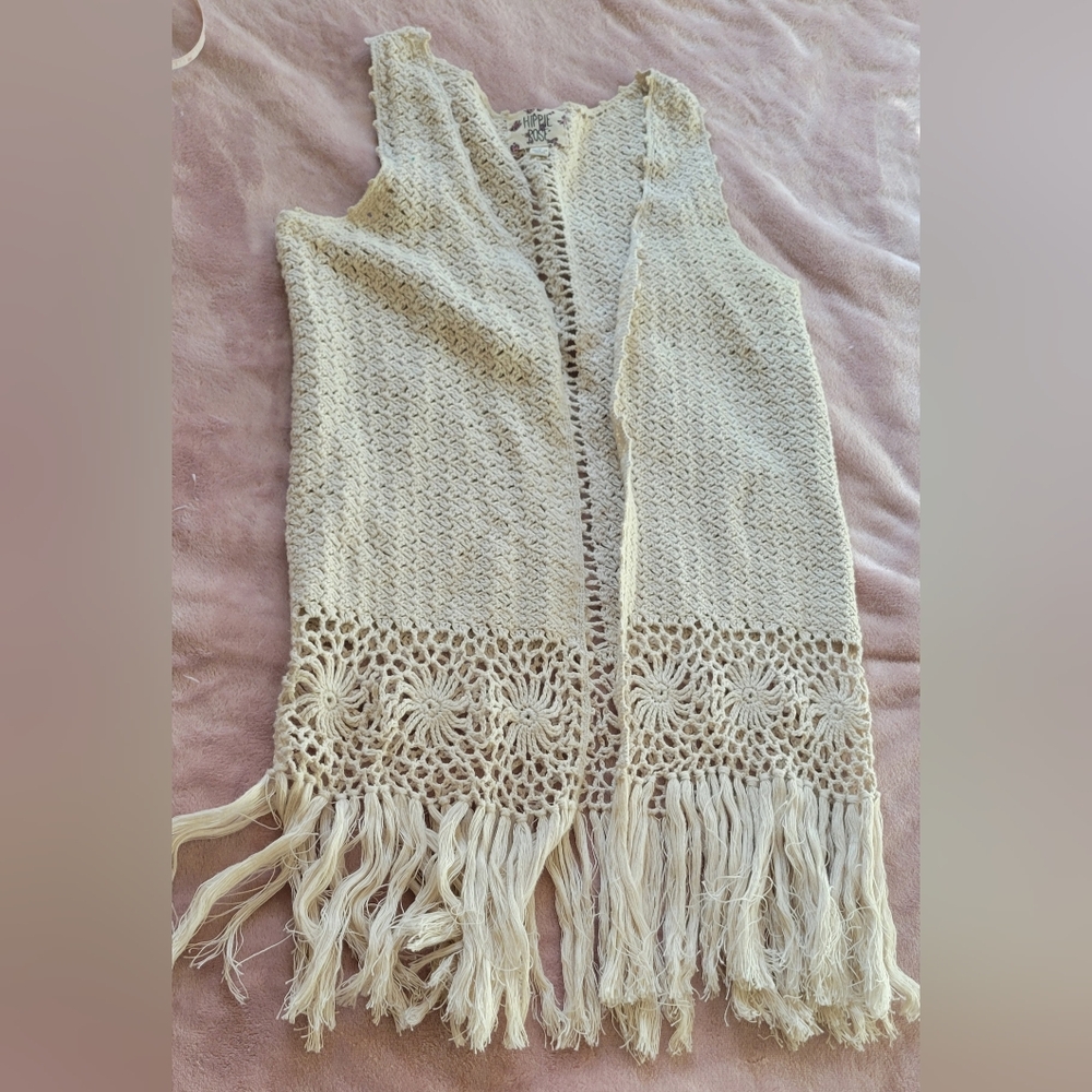 Hippie Rose Cream Crochet Vest with Fringe